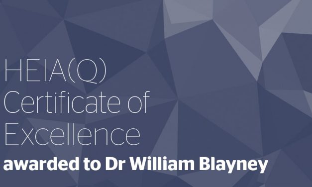 HEIA(Q) Certificate of Excellence awarded to Dr William Blayney